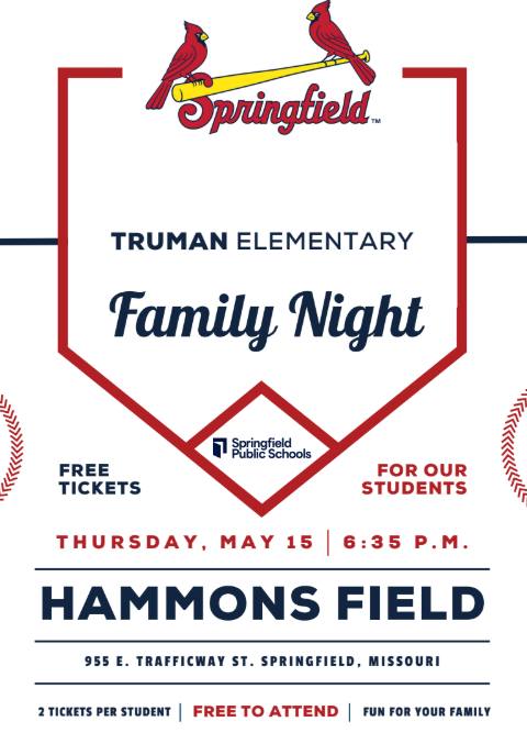  Truman Elementary Family Night at the Springfield Cardinals Game - Thursday, May 15th